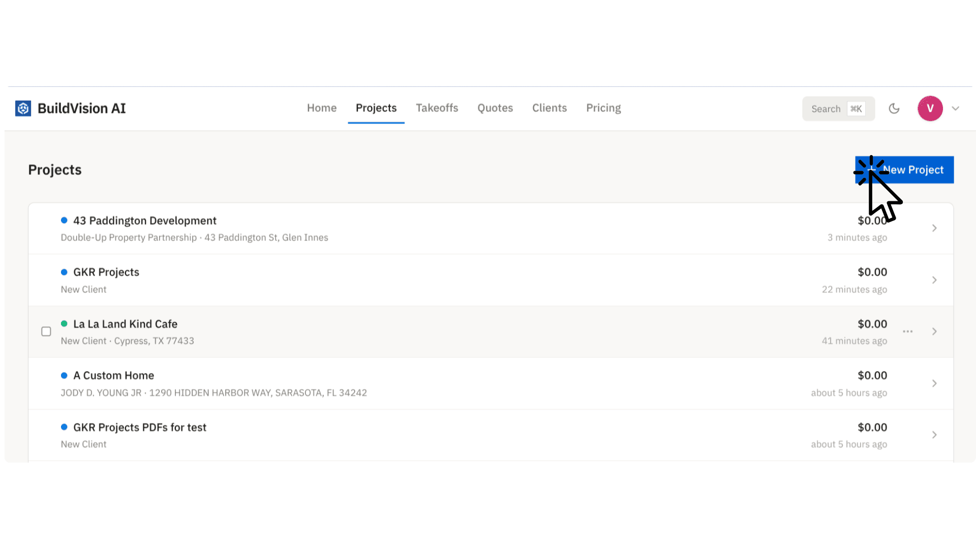 Projects list in BuildVision AI with the New Project button highlighted
