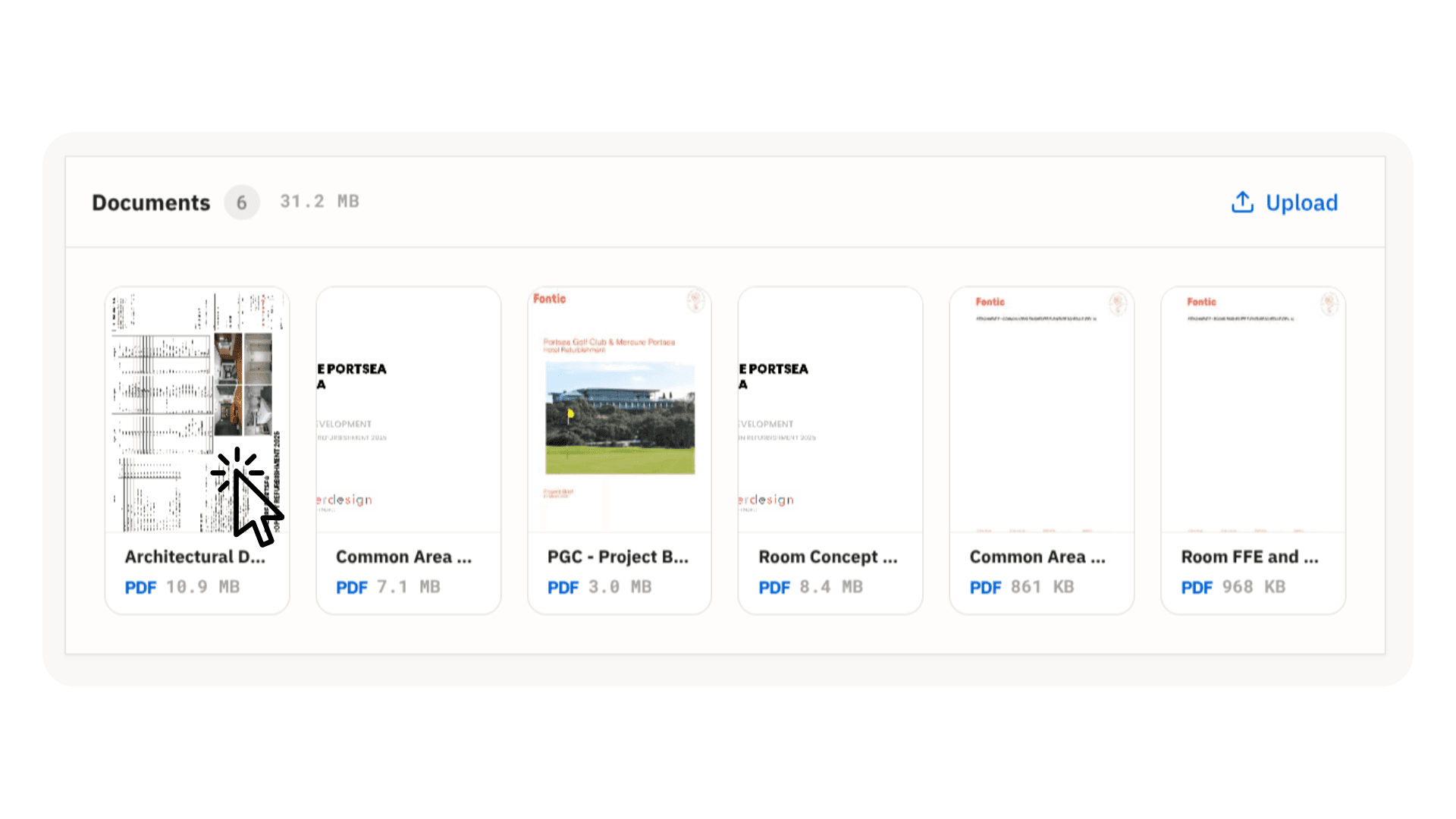 Documents section showing PDF thumbnails on the project page