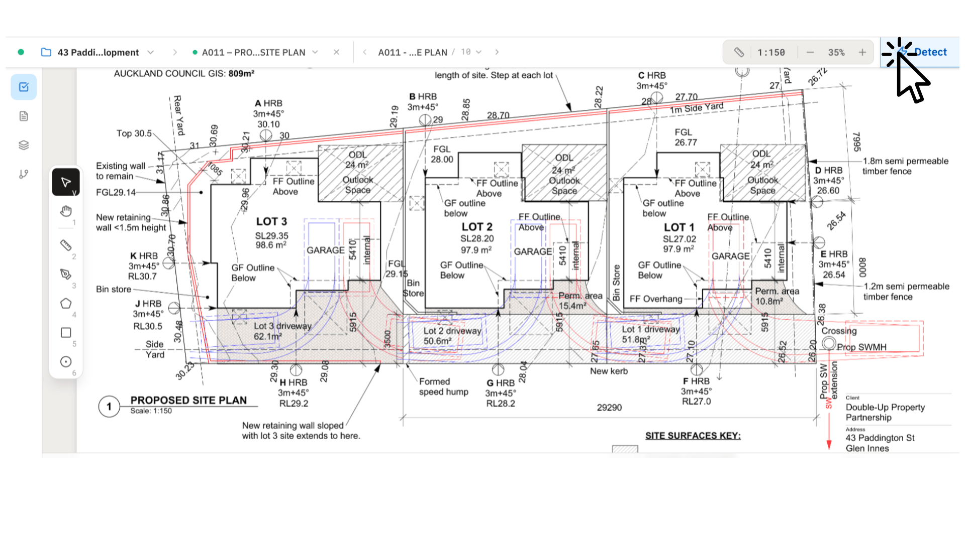 Takeoff editor with a site plan loaded, ready for detection