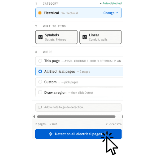 Detect panel scoped to All Electrical pages with detection cost preview