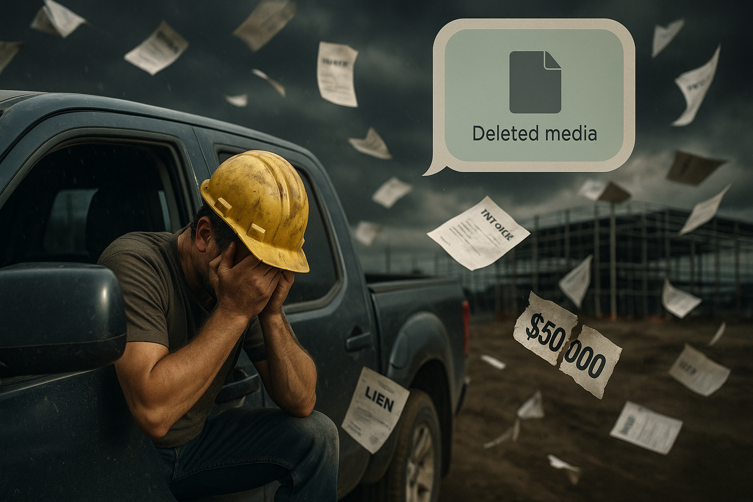 Construction worker stressed with invoices flying around showing $50,000 loss
