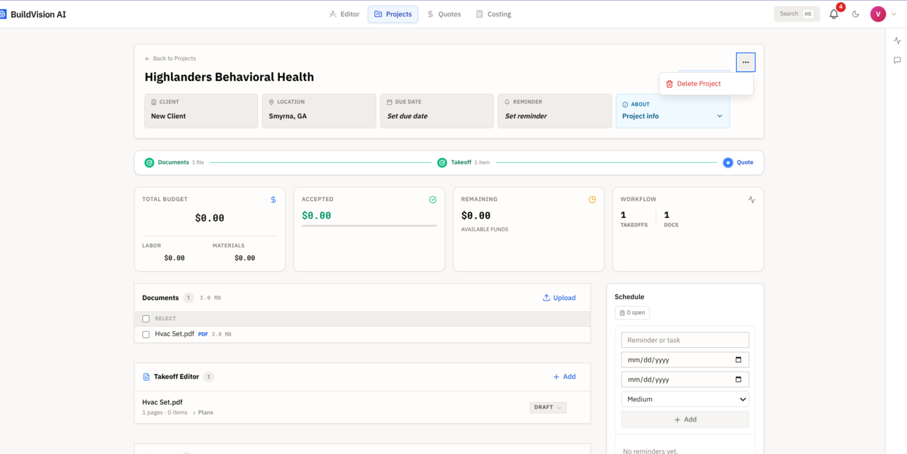 Project dashboard with the ... menu open, showing the Delete Project option