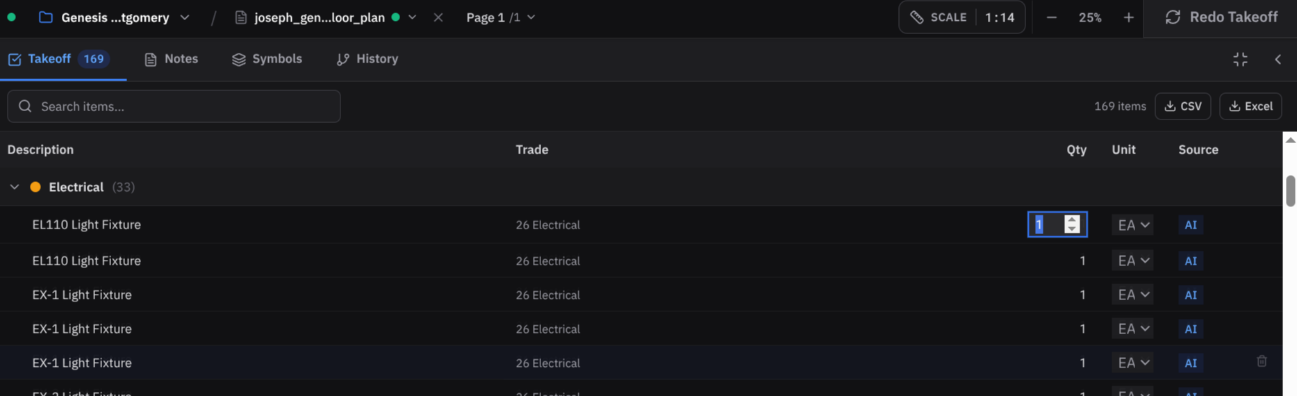 Spreadsheet view open with all detections listed