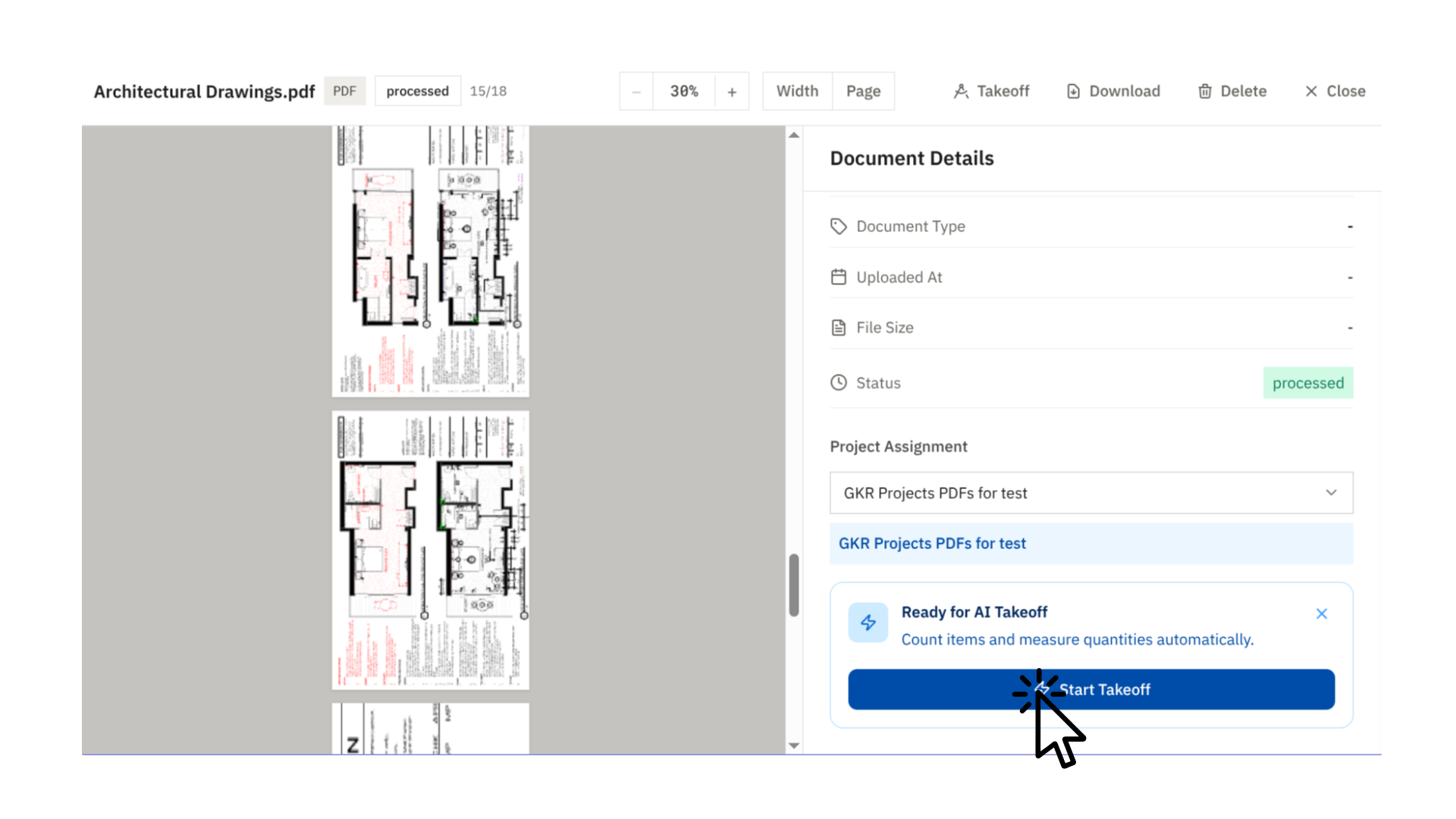 Document preview showing the Start Takeoff CTA