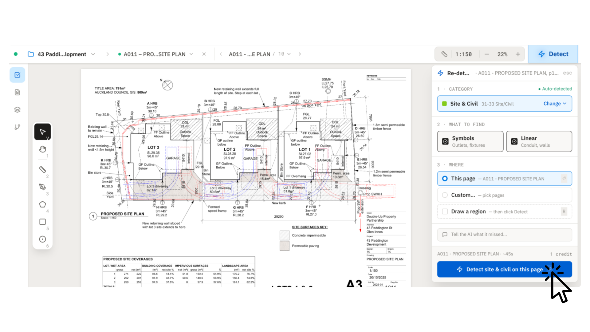 Takeoff editor with the Detect panel open on the right